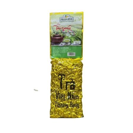 Chi tiết đóng gói hộp thiếc trà sen tây hồ 100g tân cương xanh