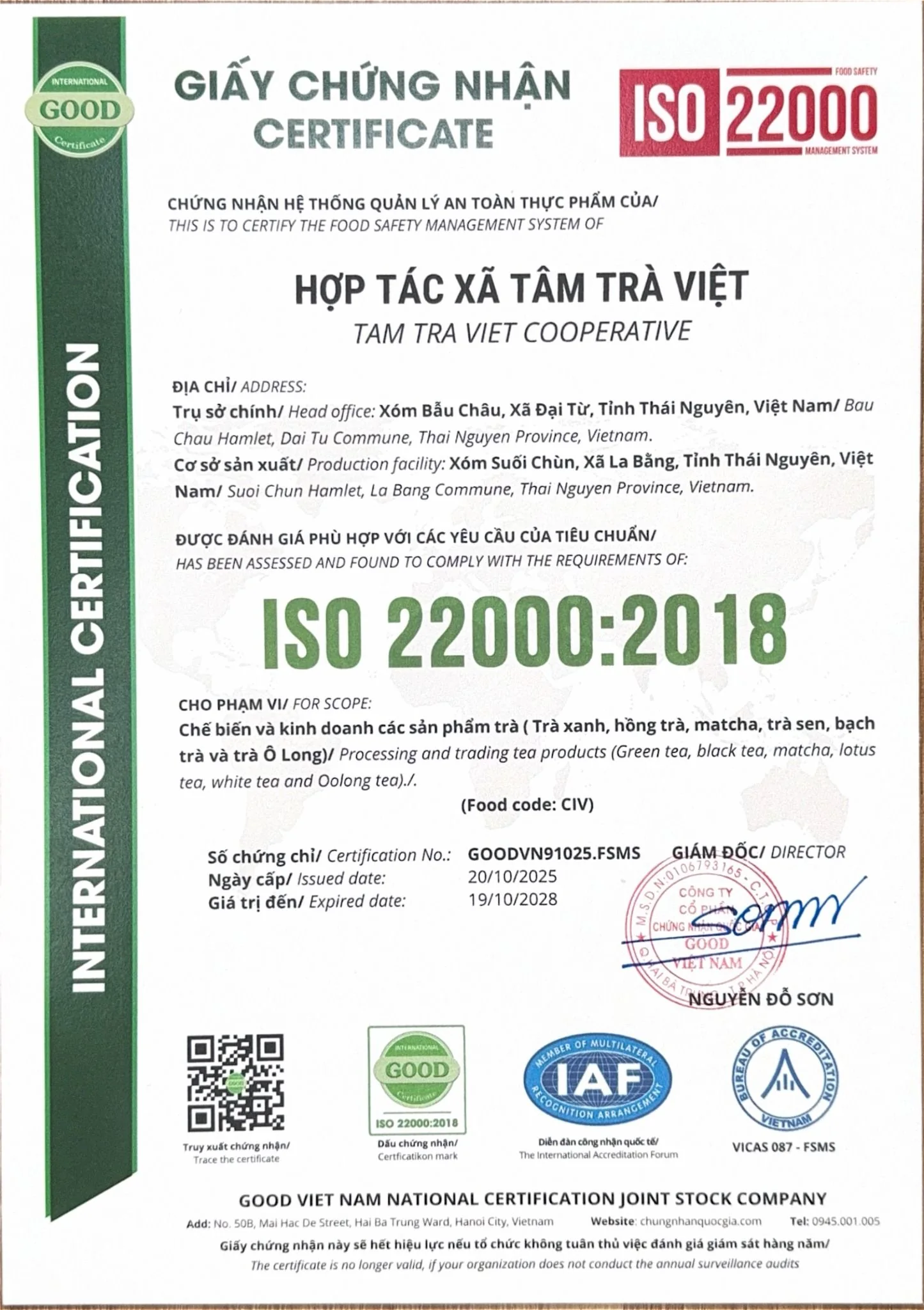 Trà Sen Tây Hồ tiêu chuẩn ISO 22000