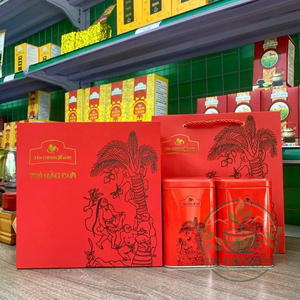 Hộp quà tranh dân gian ô long hứng dừa 200g Tân Cương Xanh