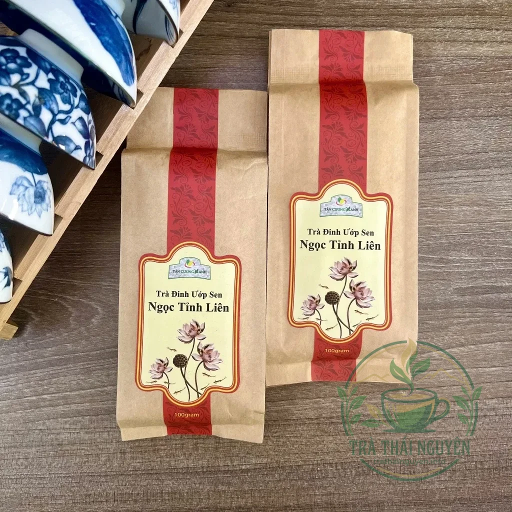 Chi tiết đóng gói hộp thiếc trà đinh ướp sen ngọc tỉnh liên 100g