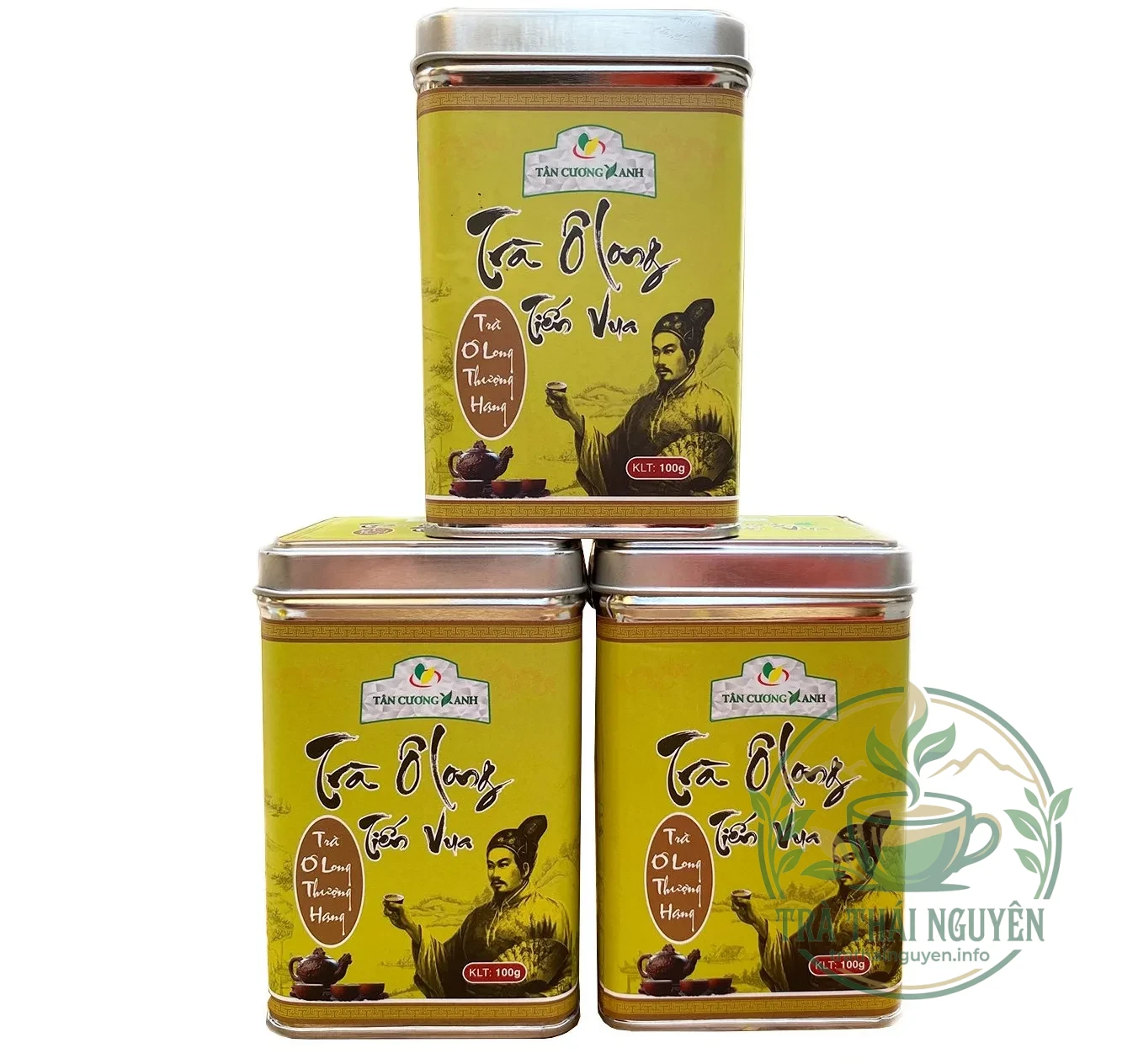 Chi tiết hộp thiếc trà ô long tiến vua 100g mạ vàng sang trọng